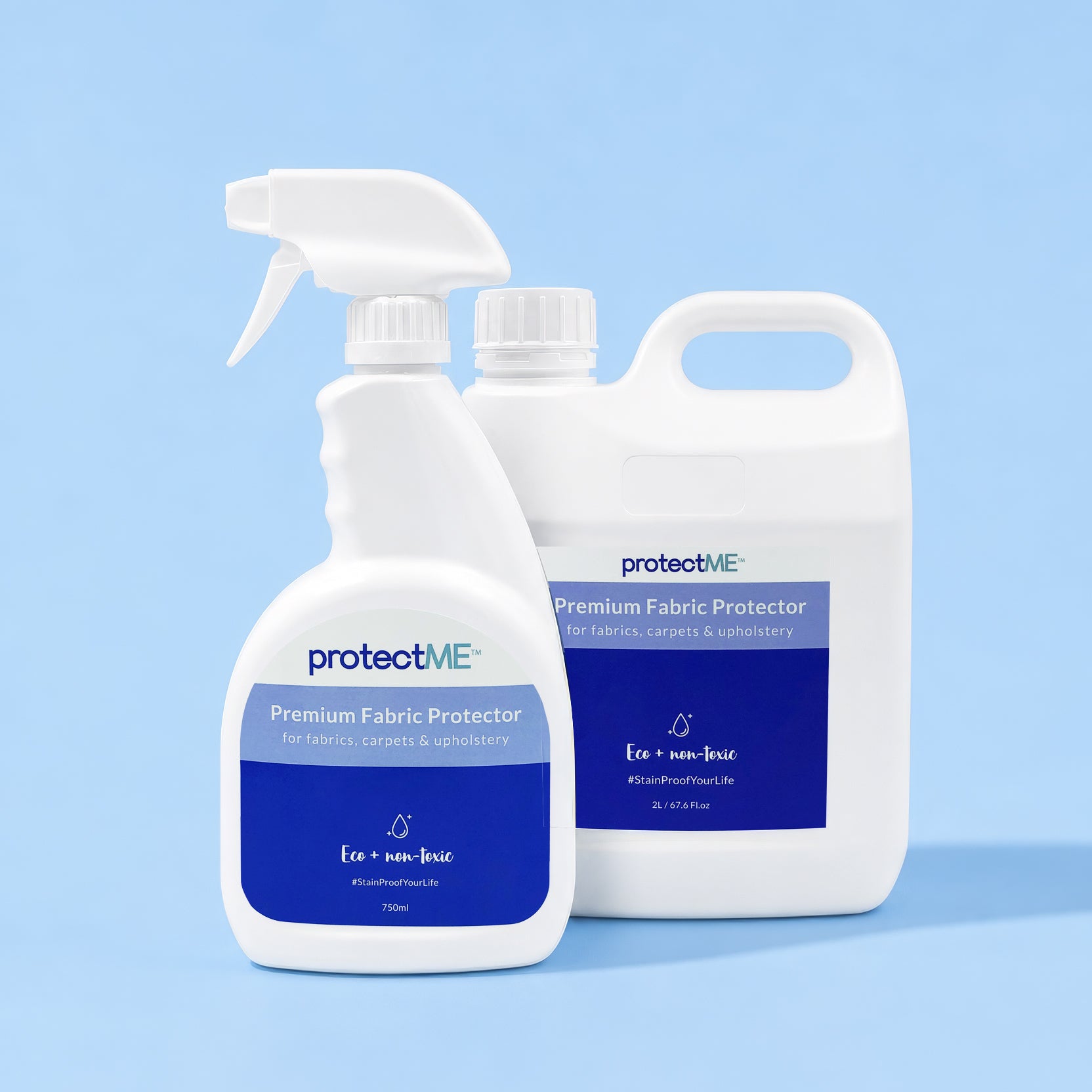 2L and 750ml protectME premium fabric protector bottles savings pack on blue background 