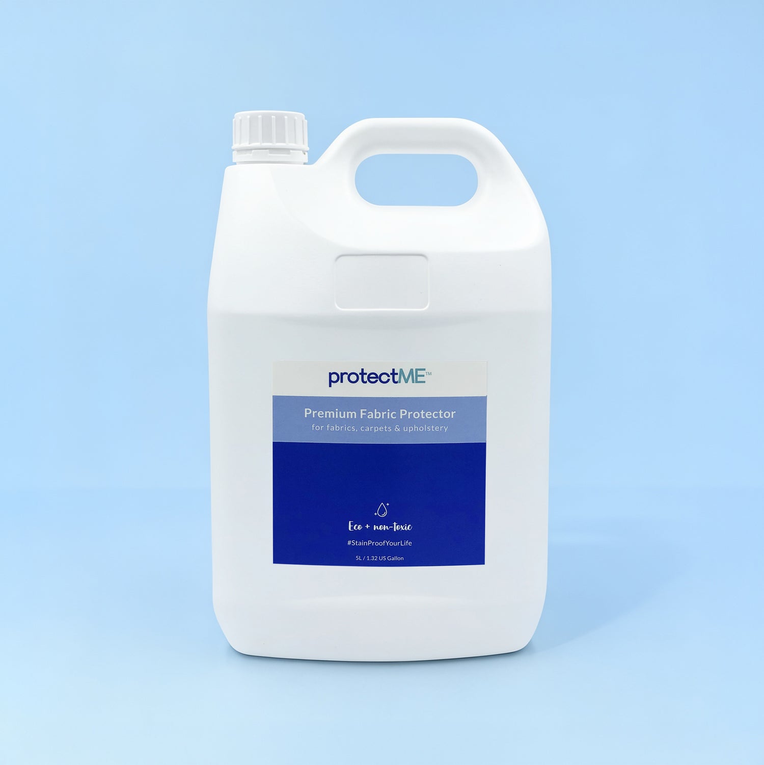 5L bottle of premium fabric protector from protectME on blue background