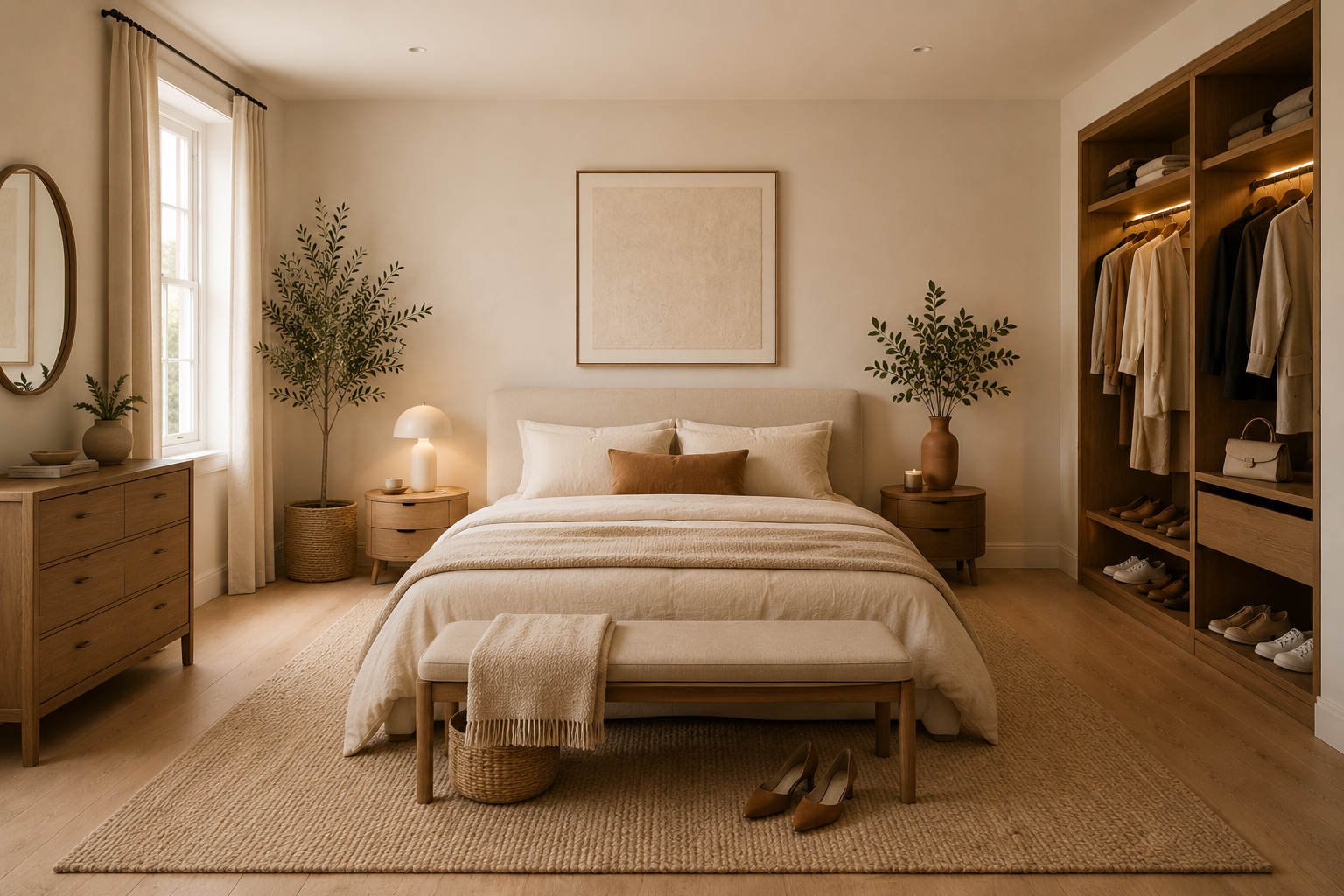 A beautifully styled bedroom featuring a bed dressed in neutral beige and cream bedding, a large woven rug, a wooden dresser, and an open wooden wardrobe filled with clothes and shoes. This room shows what fabric items a customer could potentially protect with protectME.