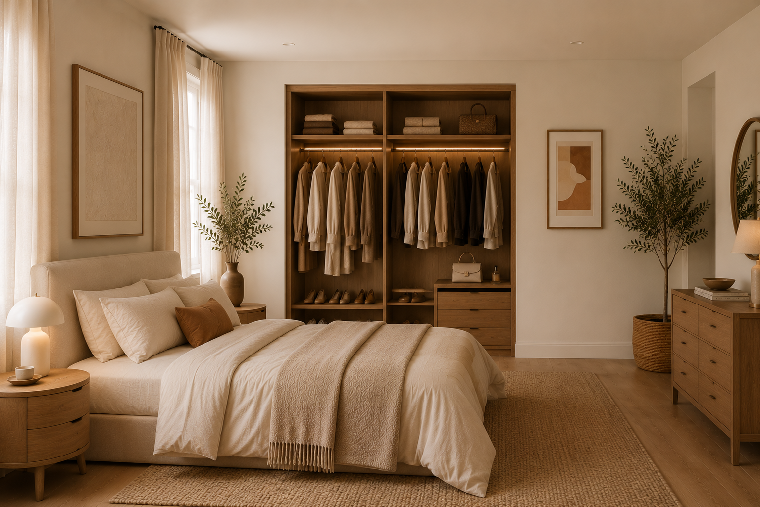 A warm, modern bedroom interior featuring a large built-in wooden walk-in closet with hanging garments and shelves, styled with neutral beige bedding, bedside tables, lamps, framed wall art, and potted plants. It shows the potential of where you could use protectME in your bedroom.