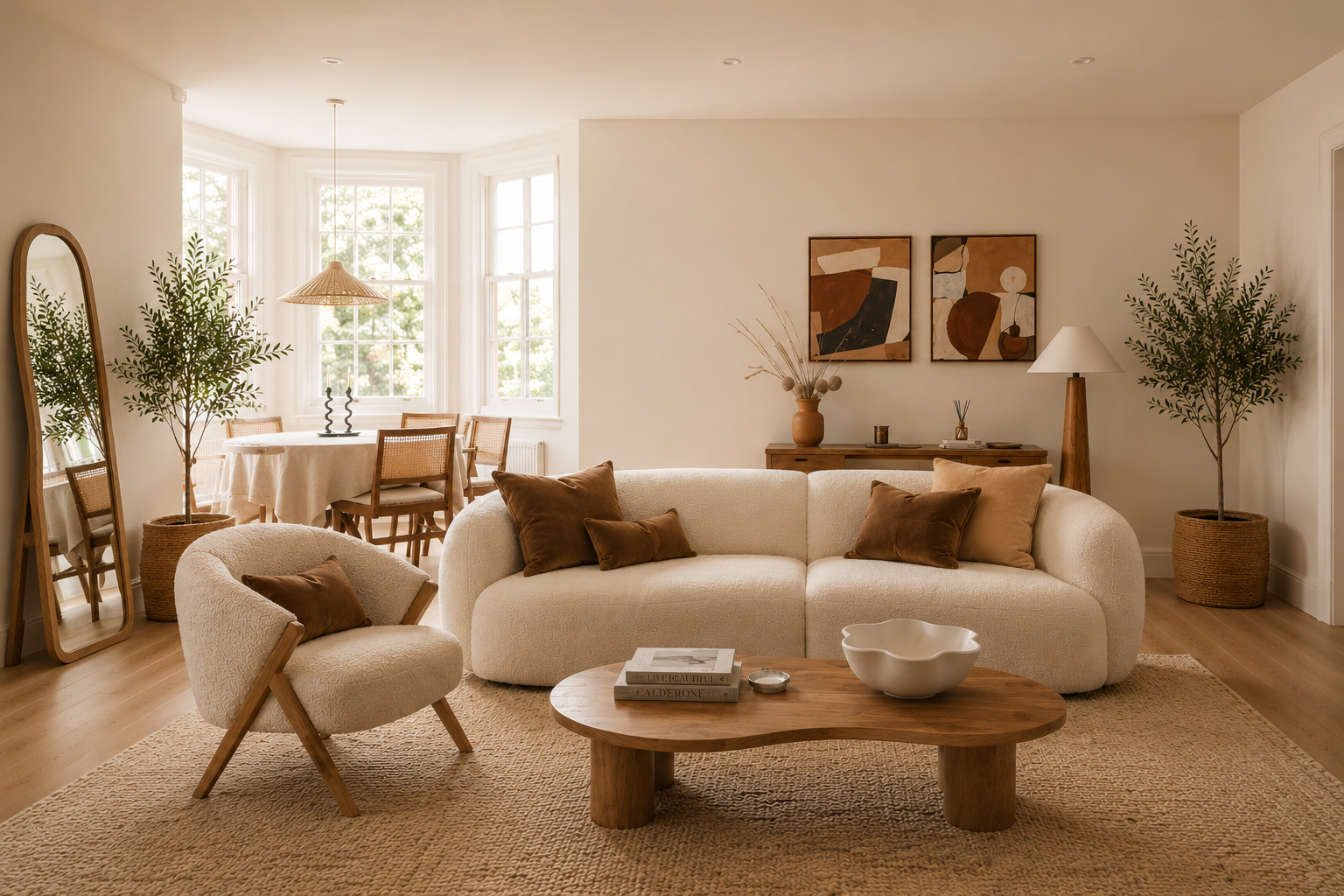 A beautifully styled living room featuring a cream-colored curved sofa, a matching armchair, a low wooden coffee table, and a large woven area rug. This living room shows what fabric items a customer could potentially protect with protectME - pillows, their table cloth, rug and their couch.