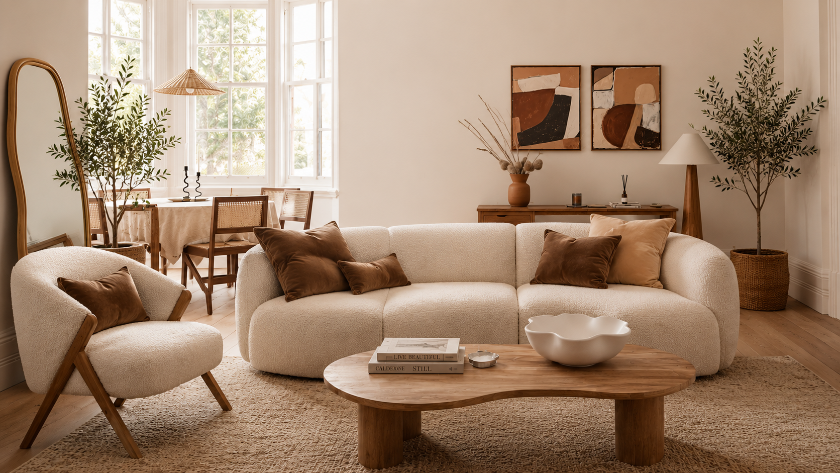 A styled living room featuring a cream boucle sofa with brown and beige throw pillows, a matching cream armchair, a curved wooden coffee table, and a textured beige rug. It shows the number of items protectME could potentially protection and where accidents could happen.