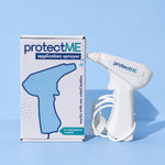 A white ProtectME application sprayer next to its retail box to make application of protectME easier  on a light blue background. The packaging features a blue illustration of the spray nozzle and text reading 'protectME application sprayer' and '4 x AA Batteries Included'.