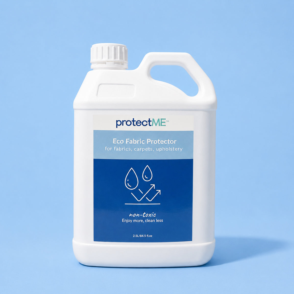 A white 2.5L plastic bottle of protectME premium Fabric Protector set against a solid light blue background.