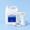 A white 5L plastic bottle of protectME Premium Fabric Protector next to a white handheld battery sprayer nozzle with a coiled wire, set against a light blue studio background.