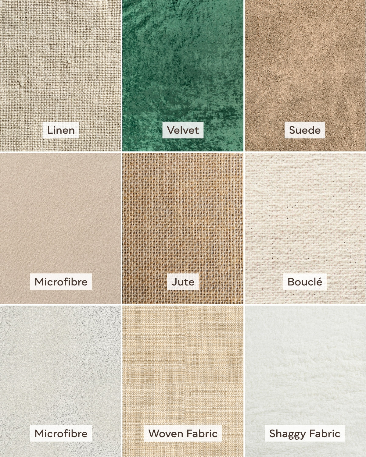 Collection of fabric texture swatches labeled with types like Linen, Velvet, Suede, Microfibre, Jute, Bouclé, Woven Fabric, and Shaggy Fabric.