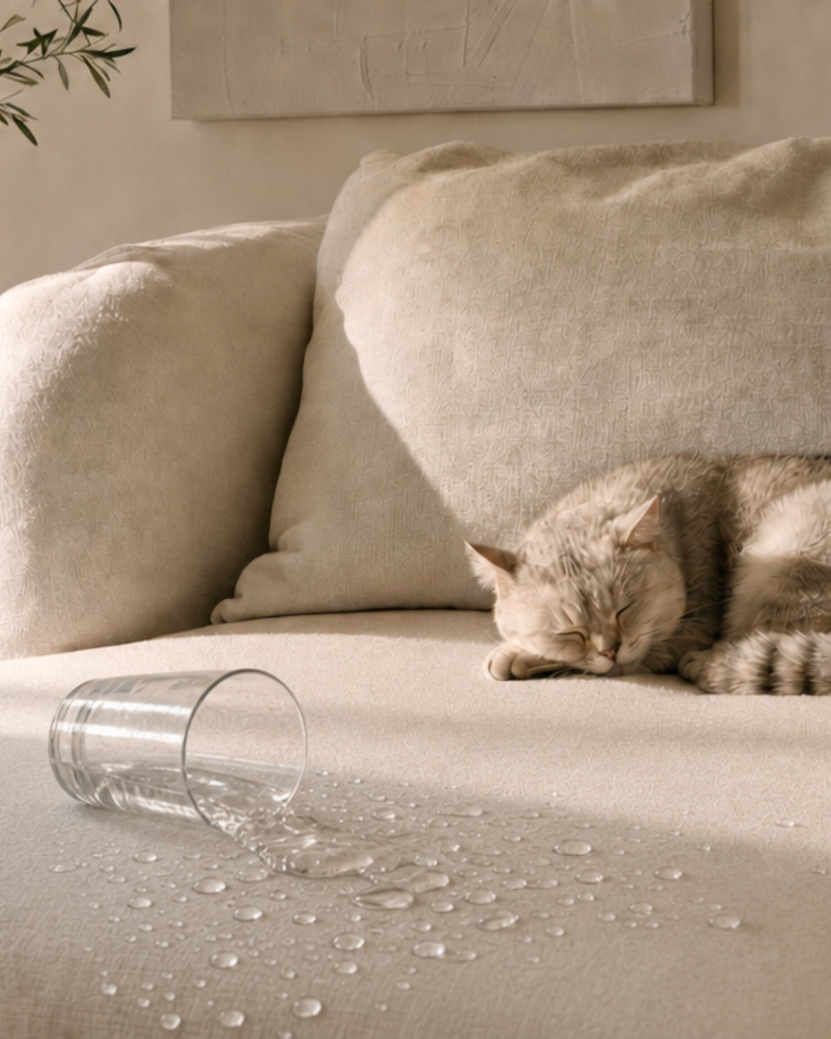 Cat sleeping on a beige sofa next to a glass of water that has spilled onto the surface. The water doesn't soak into the fabric's surface instead it repels from the fabric.