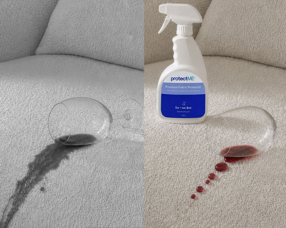 Sofa with a spill before and after using protectME, a non-toxic fabric protector. After using protectME, the wine spill actually beads on the fabric instead of soaking in.