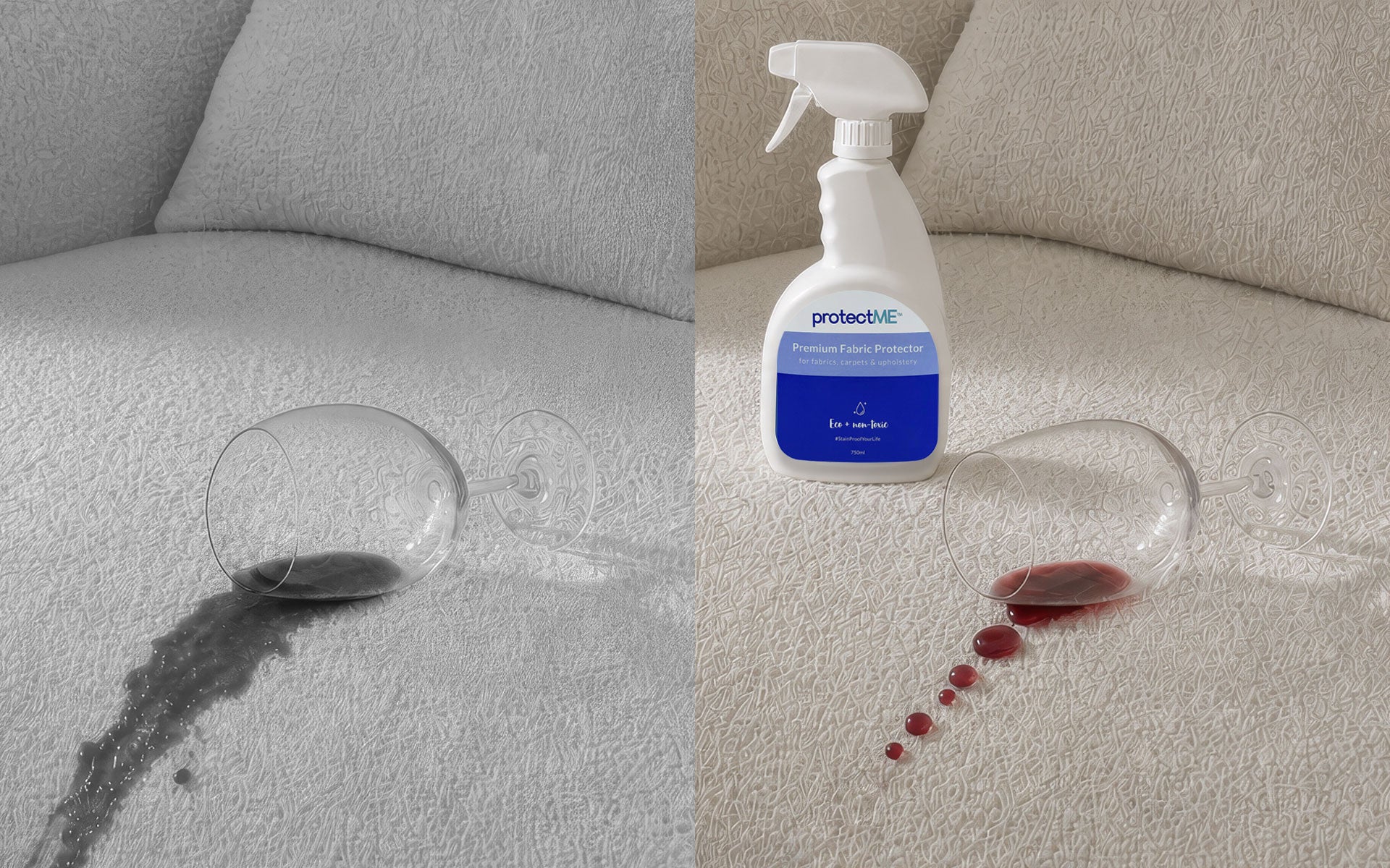 Sofa with a spill before and after using protectME, a non-toxic fabric protector. After using protectME, the wine spill actually beads on the fabric instead of soaking in.