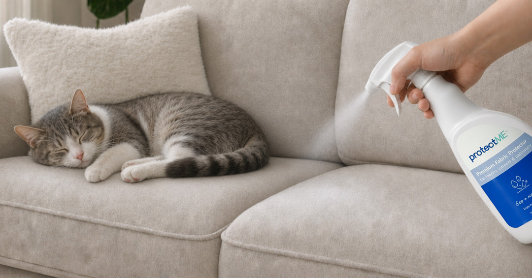 Person using a protectME spray bottle on a couch with a cat lying on it, showing the non-toxic nature of protectME.